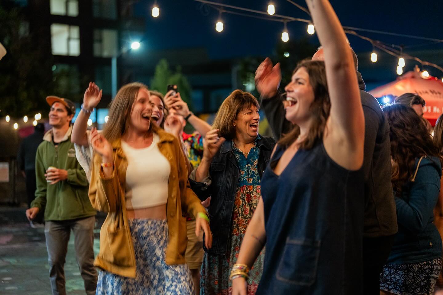 Crowd cheering and dancing at a night show