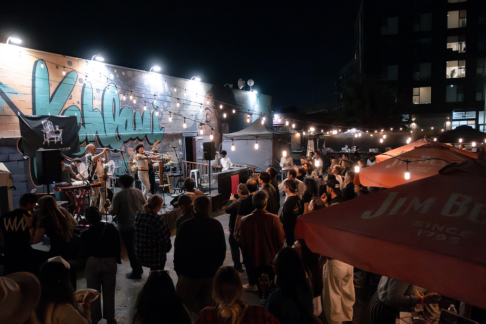 A crowd gathered for a night show in front of a mural