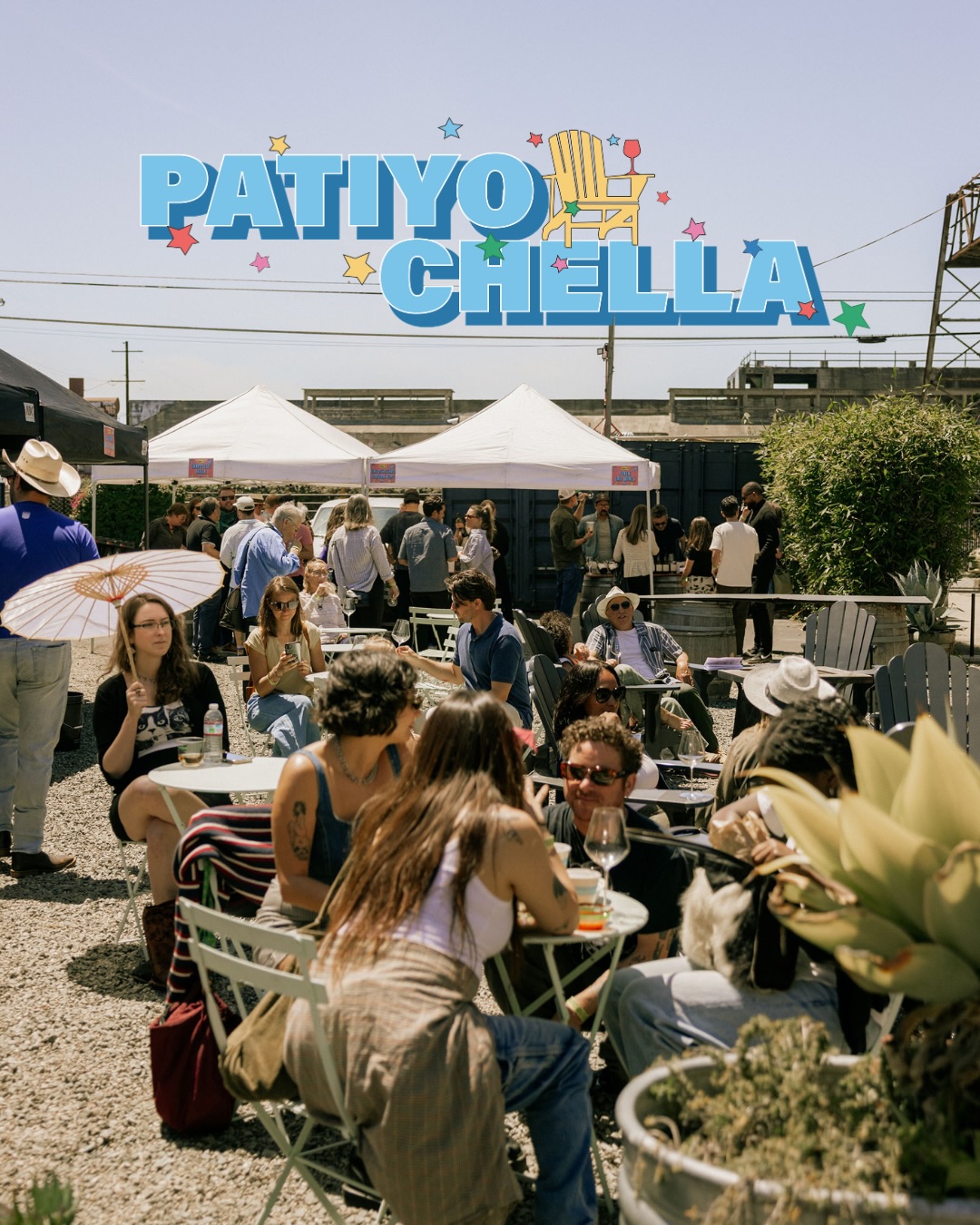 Crowd gathered around patio tables on a sunny Patiyochella afternoon