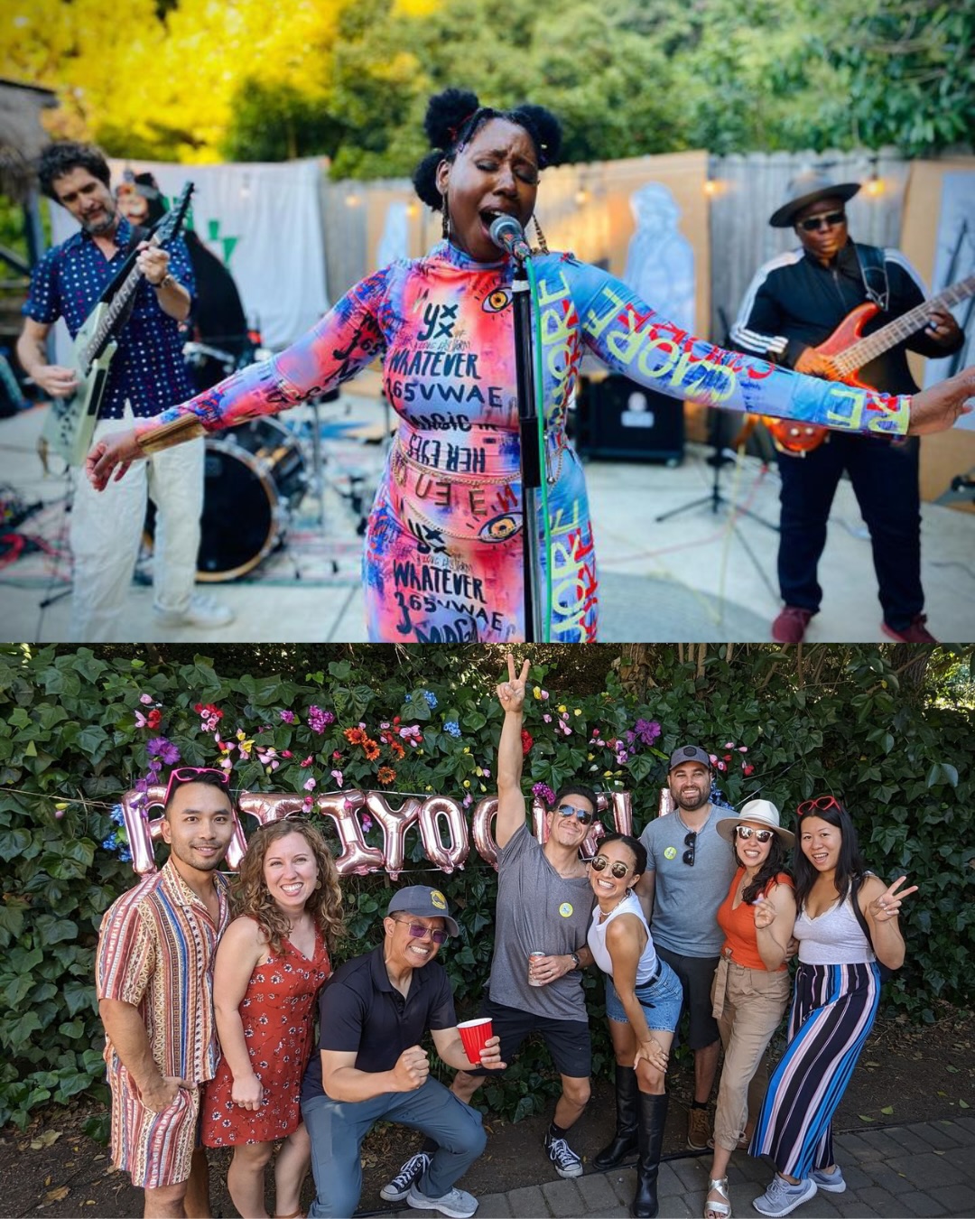 A singer performing with her band, and friends posing at the Patiyochella photo backdrop